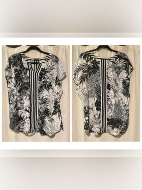 Talbots Black White Floral Palm V-Neck Sleeveless Shirt Blouse Size XL- NWOT